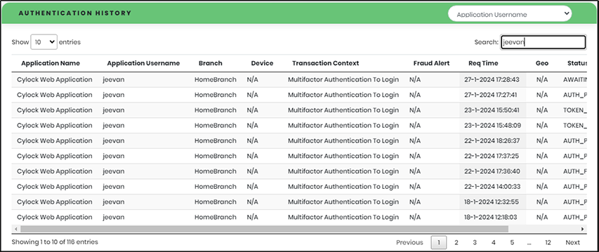 Authentication History Search result